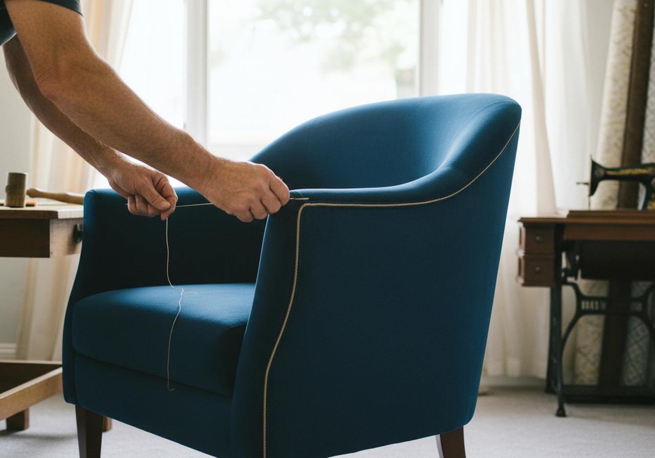 Restored armchair with fresh furniture upholstery